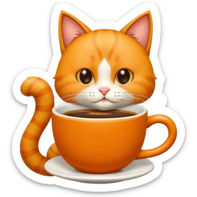 Gato naranja aún lado de un café frio tomando el popote con sus patitas sticker
