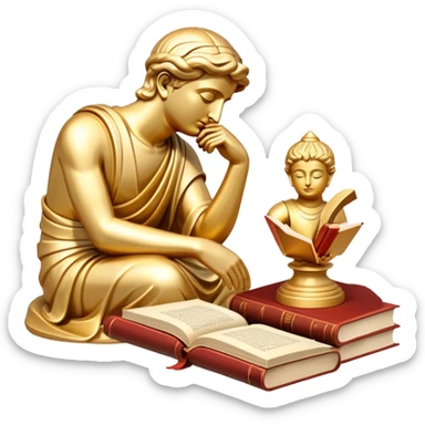 An icon featuring a thinker statue, a scroll, symbolizing philosophy. The design includes books and abstract symbols representing deep thought and wisdom. Transparent background highlights the study of ideas, logic, and existential questions sticker