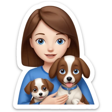 Blue eyes brown haired woman holding a brown and white dog sticker