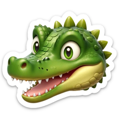 Cinematic Realistic Cute Crocodile Portrait Emoji, Head tilted playfully and inquisitively, featuring a robust, well-defined build with intricately detailed, glossy olive-green scales and a surprisingly endearing face with round, sparkling eyes full of unexpected charm, rendered with lifelike texture and natural highlights, high shine, affectionate and spirited, styled with a touch of wild whimsy, soft glowing outline, capturing the essence of a mischievous yet lovable crocodile that seems poised to snap playfully out of the screen into your arms! sticker