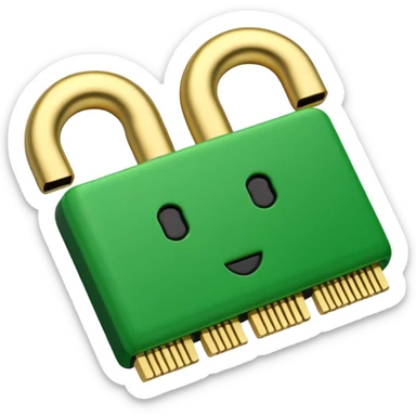 Apple-style 3D emoji of a single green RAM stick, gold connector pins at the bottom, small black memory chips on top, simple and clear design. sticker