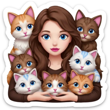 girl with long wavy brown hair, blue eyes, long lashes makeup, sexy pink lips, cuddling with 6 cats sticker