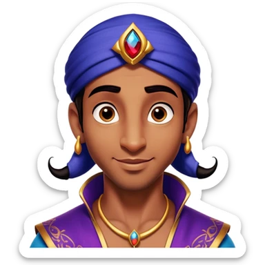 Cinematic Realistic Aladdin Portrait, head tilted playfully and inquisitively, showcasing his roguish charm and bright, mischievous eyes. His signature attire is rendered in exquisite detail with dynamic natural highlights, and a hint of magic sparkles about him—embodying a youthful, adventurous energy with friendly power. sticker