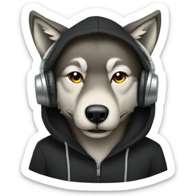Wolf wearing a black hoodie and headphones sticker
