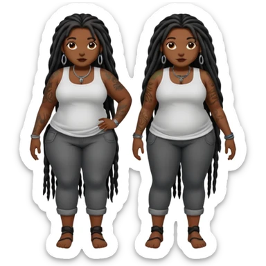 Full body nude plus size dark skin black girl long dreadlocks, tattoos on right arm and left leg sticker