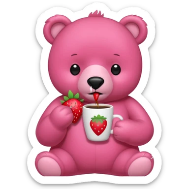 A pink bear is holding a strawberry and drinking coffee with a transparent background in a teenager hand-drawn, 2D, japanese charectors like, style sticker