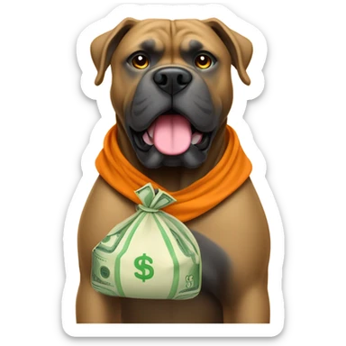 An orange - colored Cane Corso with a bag of money. sticker