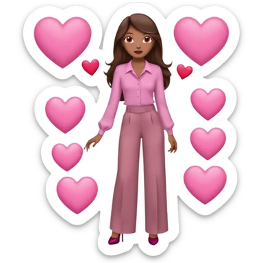  emoji, inspired with brunette hair, brown eyes, long hair, heart shape lips and pink make up  and pink nails, mauve pink blush and brown wide leg pants, burgundy shoulder drop shirt, brown heels , princess hair, brown heels, no floating hearts  sticker