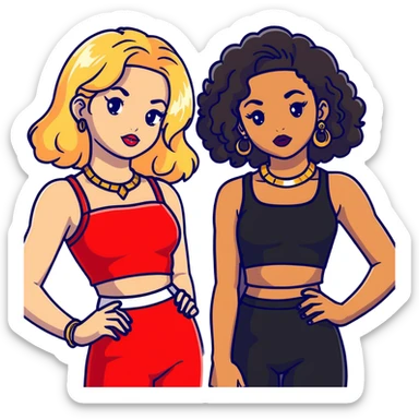 Full body of two teenage girls standing together, one white with straight blonde hair and one brown-skinned with curly black hair, both with heavy makeup, big lips, crop tops, gold jewelry and flashy choni style outfits sticker
