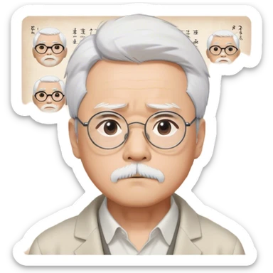 ​Cinematic Realistic Portrait of Hayao Miyazaki, depicted with striking white hair, defined black eyebrows, and large rectangular glasses, his thoughtful expression rendered in lifelike detail against a background of whimsical Studio Ghibli-inspired sketches, illuminated with soft, realistic lighting that emphasizes his creative genius, sticker