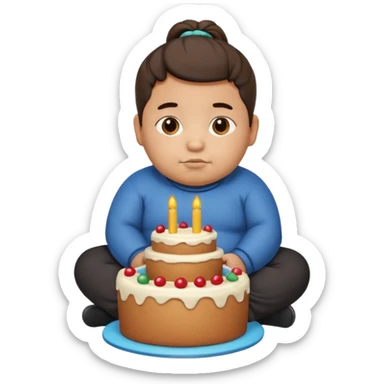 chubby mexican boy with pony tail sitting inside of a cake sticker