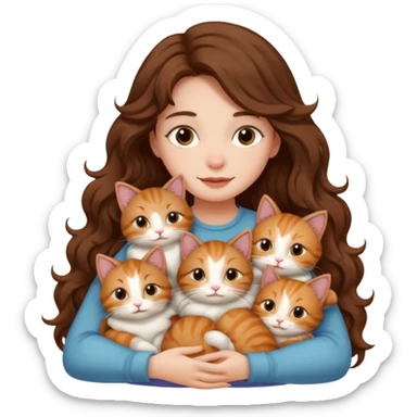 girl with long wavy brown hair cuddling with 6 cute cats sticker