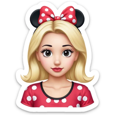 Blonde woman with long black eyelashes with Minnie, mouse, ears, and Minnie mouse shirt sticker