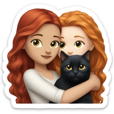 white girl with long red hair and blue eyes cuddling black cat sticker