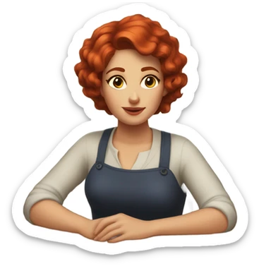  woman with short red hair, brown eyes and lush shapes. 
Embellishing the finished product
A woman is sitting at a table in her workshop, leaning over  sticker