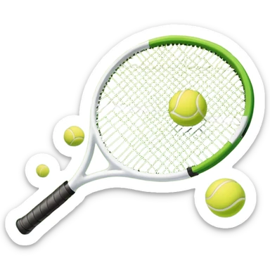 A tennis racket and ball positioned on a grass court, with the net and lines clearly visible in the background. The scene emphasizes the classic elements of the sport, capturing the energy and precision of a tennis match. sticker