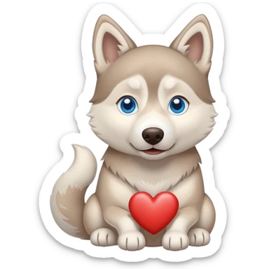 Beige husky with blue eyes holding a brown heart sticker