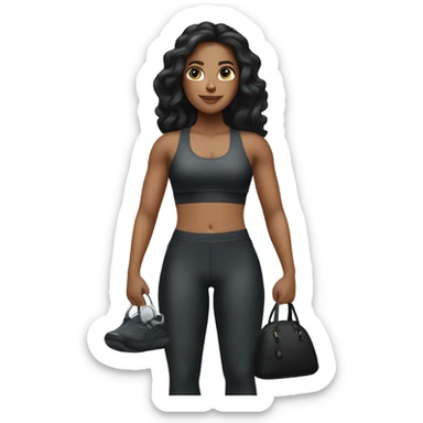 a white woman with black long hair wearing a workout set and having a designer purse on her hand  sticker