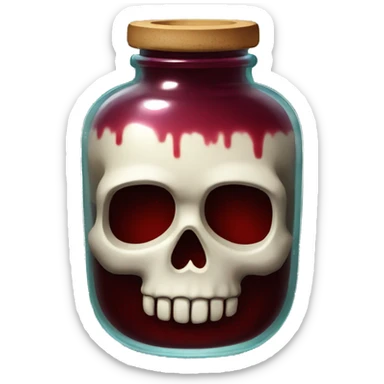 Glass potion jar in the shape of a skull with dark red liquid inside sticker