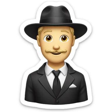 A blond white man with a suit, a tie, a mustache, and a devilish smirk tipping his fedora hat sticker