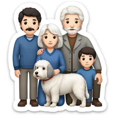A family with mom, dad, three sons, and an Old English Sheepdog sticker