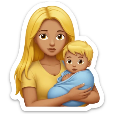 mom with long brown hair holding boy baby with yellow hair sticker