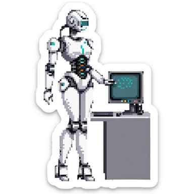 Curvy female robot with computer monitor head, stylish outfit sticker