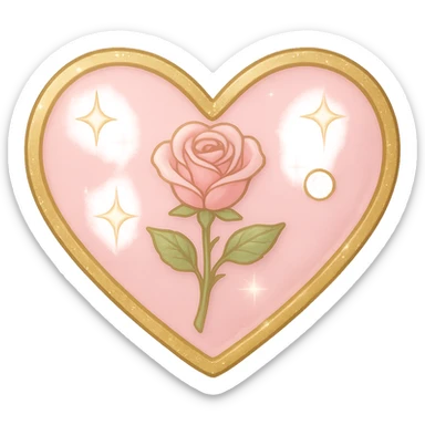 Make the single rose pink heart in pastel pink enamel with sparkling gems and a gold outline, with a soft glowing effect. The image should be tiny size and have no background. sticker