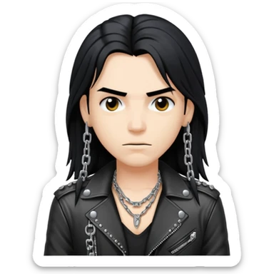 A fan of heavy extreme music, a metalhead with long black hair, rivets in chains on a leather jacket sticker