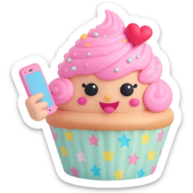 Change the cupcake wrapper pattern to pastel stars, keep the rest of the 3D kawaii cupcake character the same, no background, transparent PNG. The style is 3D kawaii cupcake character with a focus on pastel colors and a cute appearance. sticker