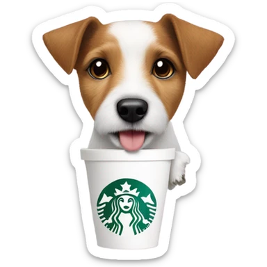 Parson Russell terrier head with a pup cup from Starbucks sticker