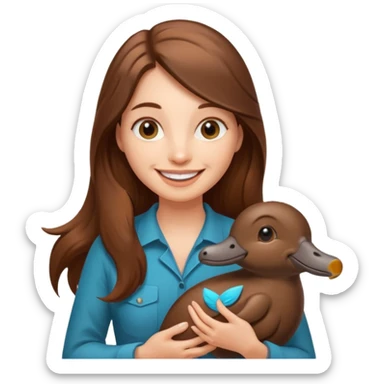 long brownhaired woman playing with platypus sticker