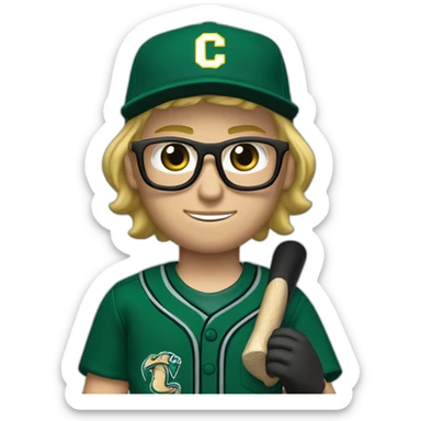 Blonde male short hair with glasses Dark green baseball uniform with hat Blue eyes a cobra snake logo with "C". waist up with a bat in one hand and a macbook in the other sticker