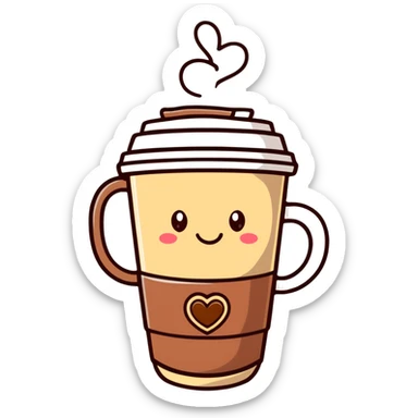 smiling hot coffee cup with heart-shaped steam, different cup design, mocha brown tones, kawaii soft hand-drawn sticker