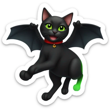 Black cat with green eyes flying in the sky with red shoes on paws  sticker