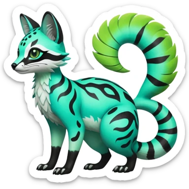 Rare realistic iridescent neon lime-green & cyan white black lush tropical exotic edgy epic pretty beautiful handsome gorgeous aesthetic colorful vibrant Vernid-Protogen-Primagen-Genet-Trico-species-Fakemon-hybrid-creature by LiLaiRa, beautiful intricate markings, full body sticker