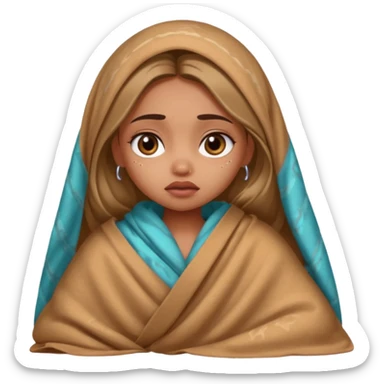 a pretty bratz fair indian girl wearing a brown pajamas and blnaket, dark circles, crying sticker