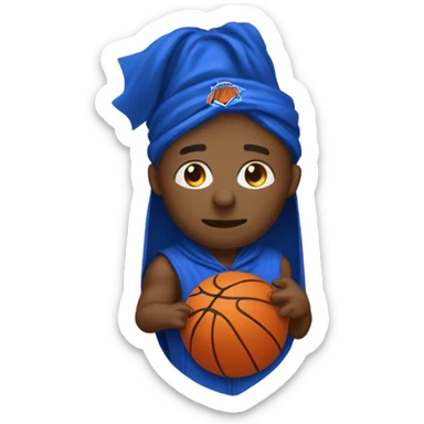 The Knicks with a blue and orange cape spinning a basketball on its head. sticker