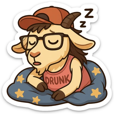 goat for Telegram stickers inspired by reference https://attic.sh/feoducyurkpqwz0la088soao98sx: wearing a cap, glasses, mullet hairstyle, pink drunkard tank top. спит на голубых тряпках с узором звездочка sticker
