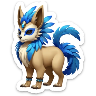 Furry cute colorful exotic tribal feral anime-styled Fakémon-Pokémon-animal-creature with a skull mask, and a feather-mane-collar, and blue feathers, with long furry ears, long furry tail, 4 legs, (full body) sticker