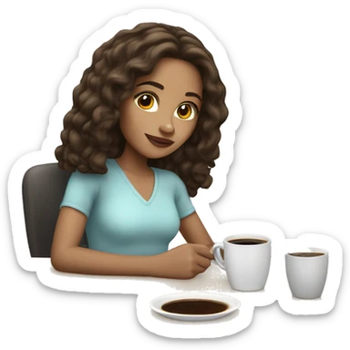 Light skin girl with shoulder length dark brown hair having coffee sticker