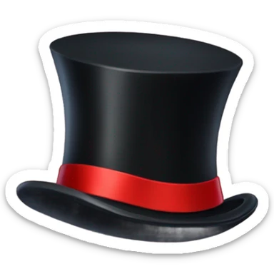 A black top hat displaying a red ribbon around the base. The ribbon forms a visible bow at the front, with the ends falling slightly over  sticker