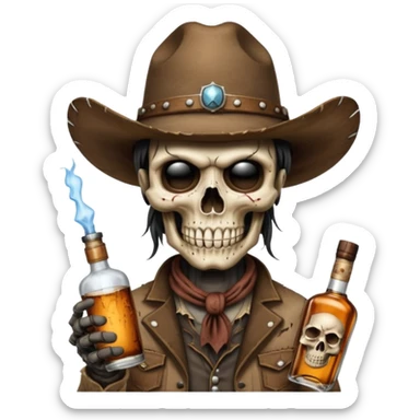 A rough and tumble cowboy with a 6 shooter and a bottle of whiskey. From the view of a bird looking down on the cowboy. Make the graphics dark and gritty in the style of your beeding skull art. Just a skull with a cowboy hat this rime sticker