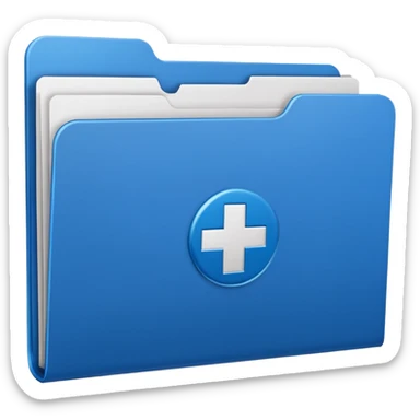 A simple emoji-style icon of a blue multipocket folder, clean and minimal, with layered inner tabs, subtle shading, and a small health/medical documents symbol on the front sticker