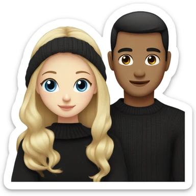 Blonde girl with blue eyes in black sweater and an east asian man with black hair and black eyes hugging sticker