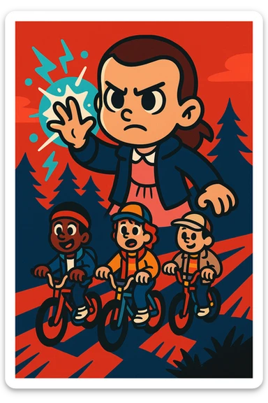 Stranger Things inspired character in vibrant toon style, variation with bicycle, Eleven's powers with supernatural effects, group of friends riding bikes. sticker