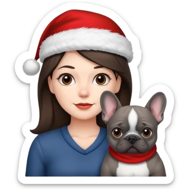 brunette woman with a dark grey French bulldog both wearing Santa sticker