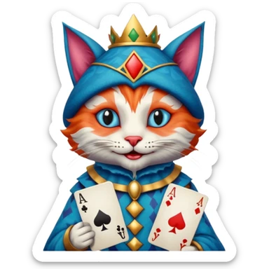 crazy colorful cute little cat jolly joker from poker, medieval, vintage, court jester, mac os icon, blue color, holds a poker card sticker