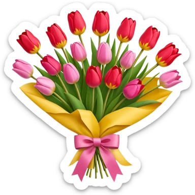 bouquet of tulip with bow and yellow wrapping paper sticker