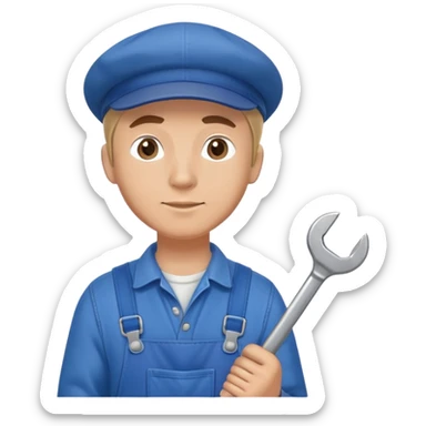 Russian male factory worker wearing overalls and a flat cap holding a wrench sticker